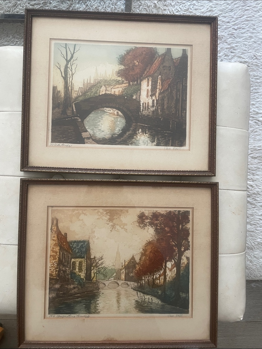 Pair of Vintage Etchings Van Host Bruges Canal Landscapes signed 11x13,